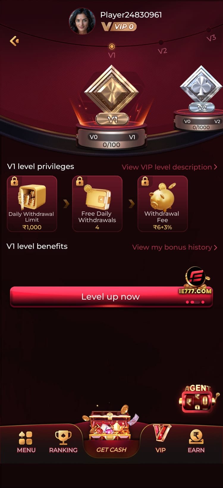 IN7 app VIP level screen showing V1 privileges, daily withdrawal limit and free daily withdrawals